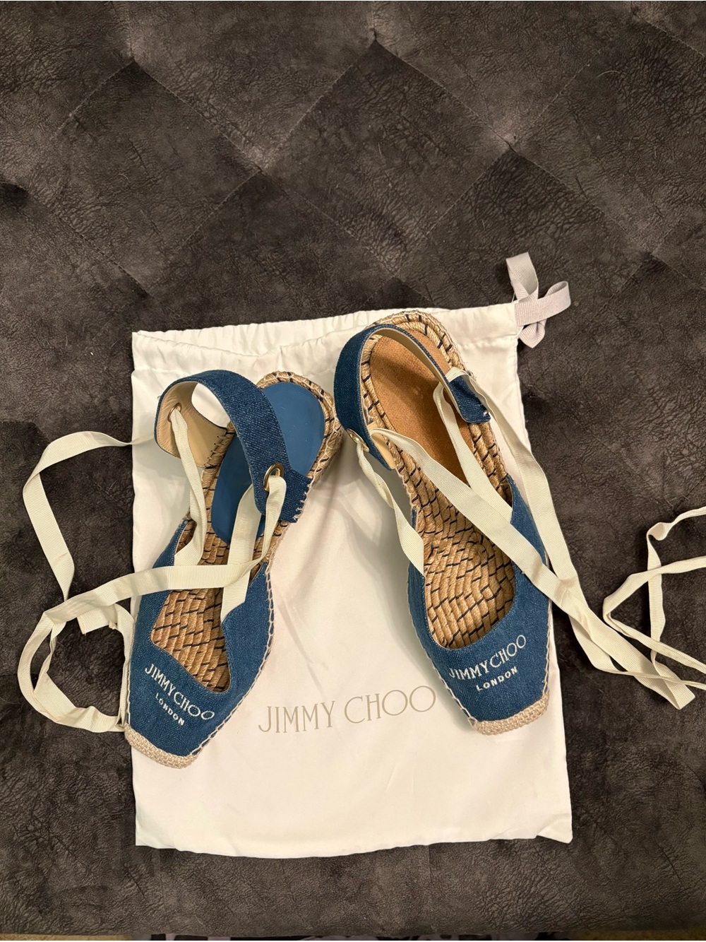 Jimmy Choo Denim Espadrille Wedge with Cream Ankle Ribbon - Picture 5 of 5